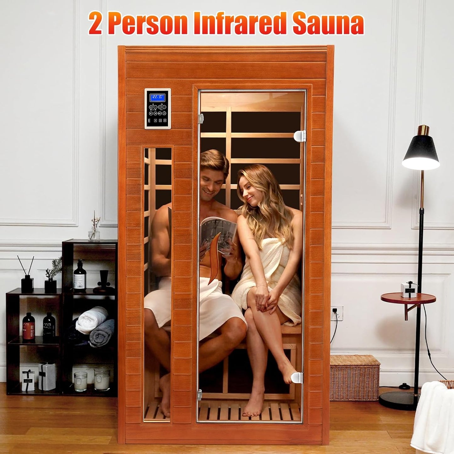 1-2 Person Infrared Sauna, Dry Heat Sauna with Red Light Therapy, Bluetooth, Radio, 7-Color Therapy Light for Home, Indoor, Gym, Wellness Center, 40″ X 36″ X 73″, Brown