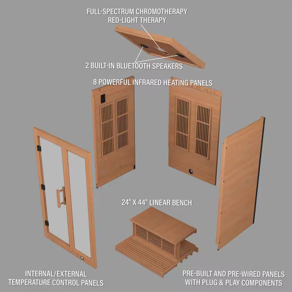 Rylan 2-Person Indoor Cedar Infrared Sauna with 8 Carbon Far-Infrared Heaters, Red Light Therapy and Chromotherapy