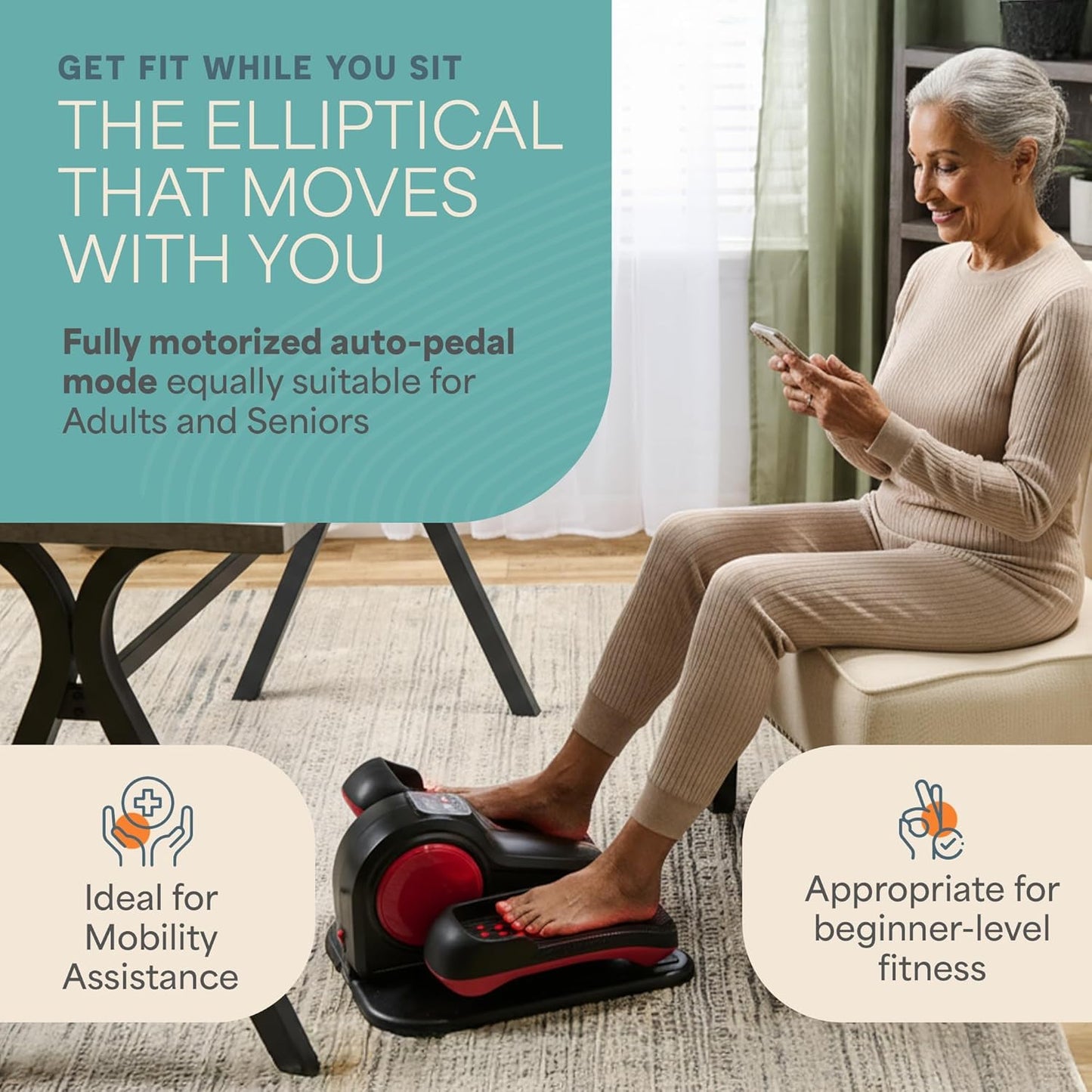 Autoglide under Desk Elliptical Exercise Machine – Quiet Elliptical Machine for Home or Office – Portable Leg Exerciser While Sitting – Seated Pedal Exerciser for Seniors & Adults