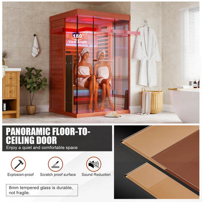 Full Spectrum Infrared Sauna，1-2 Person Home Sauna，Wooden Canadian Hemlock Indoor Spa Sauna with Resonance Speaker, Panoramic Tempered Glass Door
