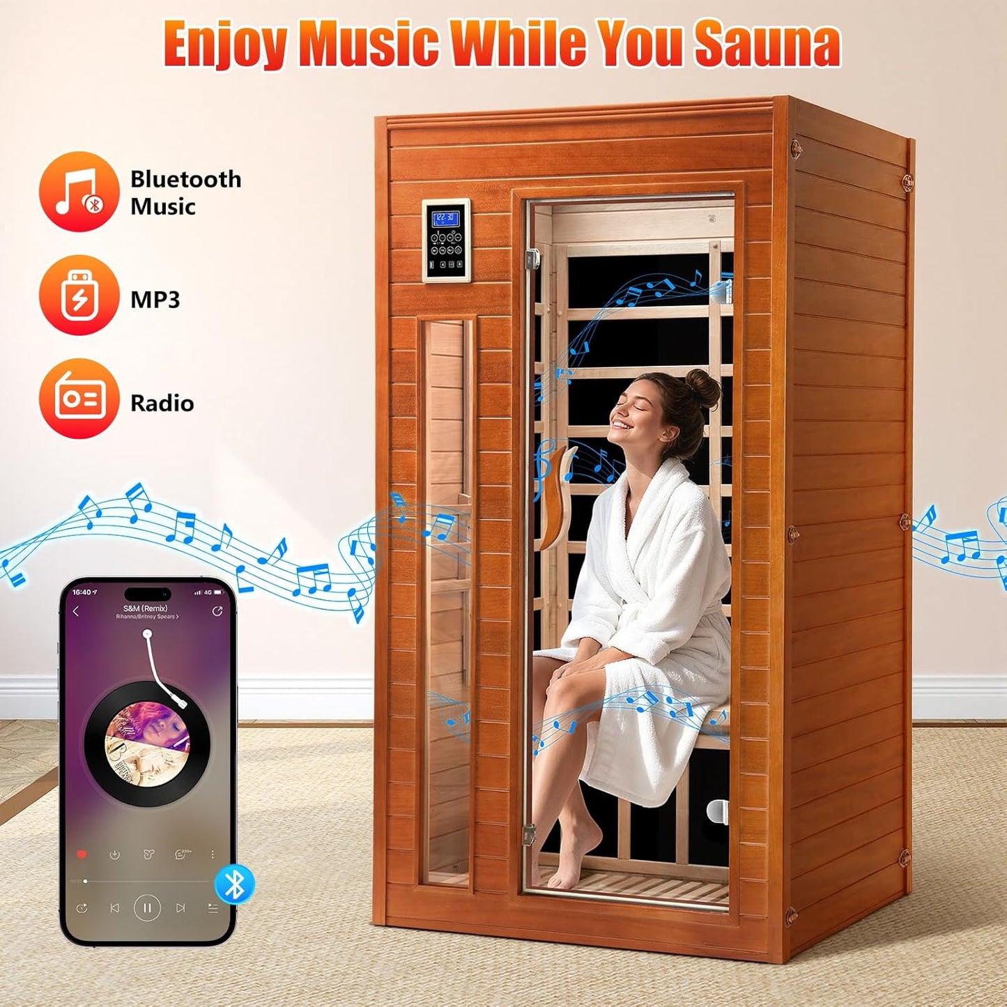1-2 Person Infrared Sauna, Dry Heat Sauna with Red Light Therapy, Bluetooth, Radio, 7-Color Therapy Light for Home, Indoor, Gym, Wellness Center, 40″ X 36″ X 73″, Brown