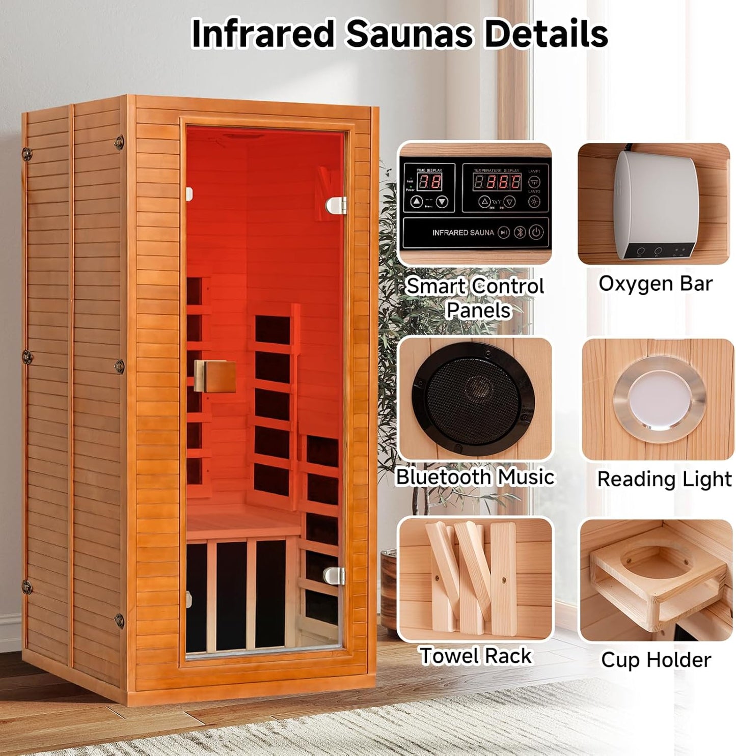 Infrared Sauna with 660 & 850Nm Red Light Therapy, Full Spectrum Sauna with 7 Heater, 1290W 120V, Fast Heat-Up, 1 Person Canadian Hemlock Wood Dry Sauna for Indoor, Home Gym, 31.5*30.3*67"