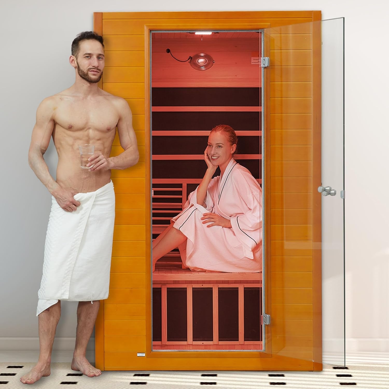 Far Infrared Sauna for Home, Home Indoor Infrared Sauna for 2-Person, Canadian Hemlock Wood Sauna Room with Low Emf Red Light Therapy, 9 Chromotherapy Lights, Bluetooth Speakers