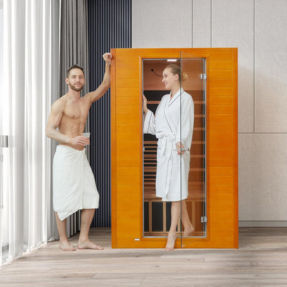 Far Infrared Sauna for Home, Home Indoor Infrared Sauna for 2-Person, Canadian Hemlock Wood Sauna Room with Low Emf Red Light Therapy, 9 Chromotherapy Lights, Bluetooth Speakers
