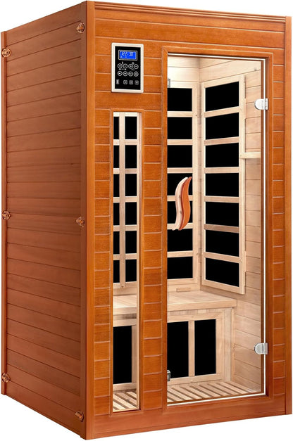 1-2 Person Infrared Sauna, Dry Heat Sauna with Red Light Therapy, Bluetooth, Radio, 7-Color Therapy Light for Home, Indoor, Gym, Wellness Center, 40″ X 36″ X 73″, Brown
