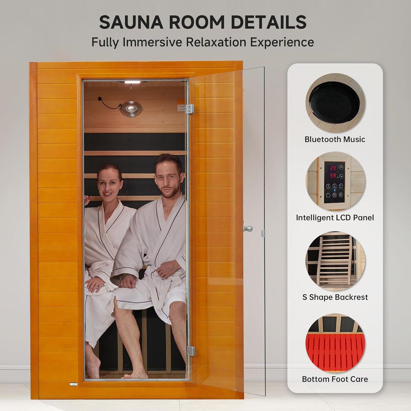 Far Infrared Sauna for Home, Home Indoor Infrared Sauna for 2-Person, Canadian Hemlock Wood Sauna Room with Low Emf Red Light Therapy, 9 Chromotherapy Lights, Bluetooth Speakers