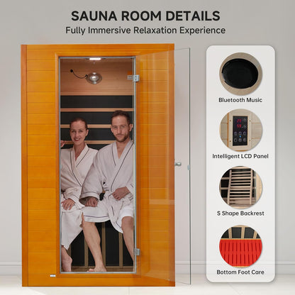Far Infrared Sauna for Home, Home Indoor Infrared Sauna for 2-Person, Canadian Hemlock Wood Sauna Room with Low Emf Red Light Therapy, 9 Chromotherapy Lights, Bluetooth Speakers