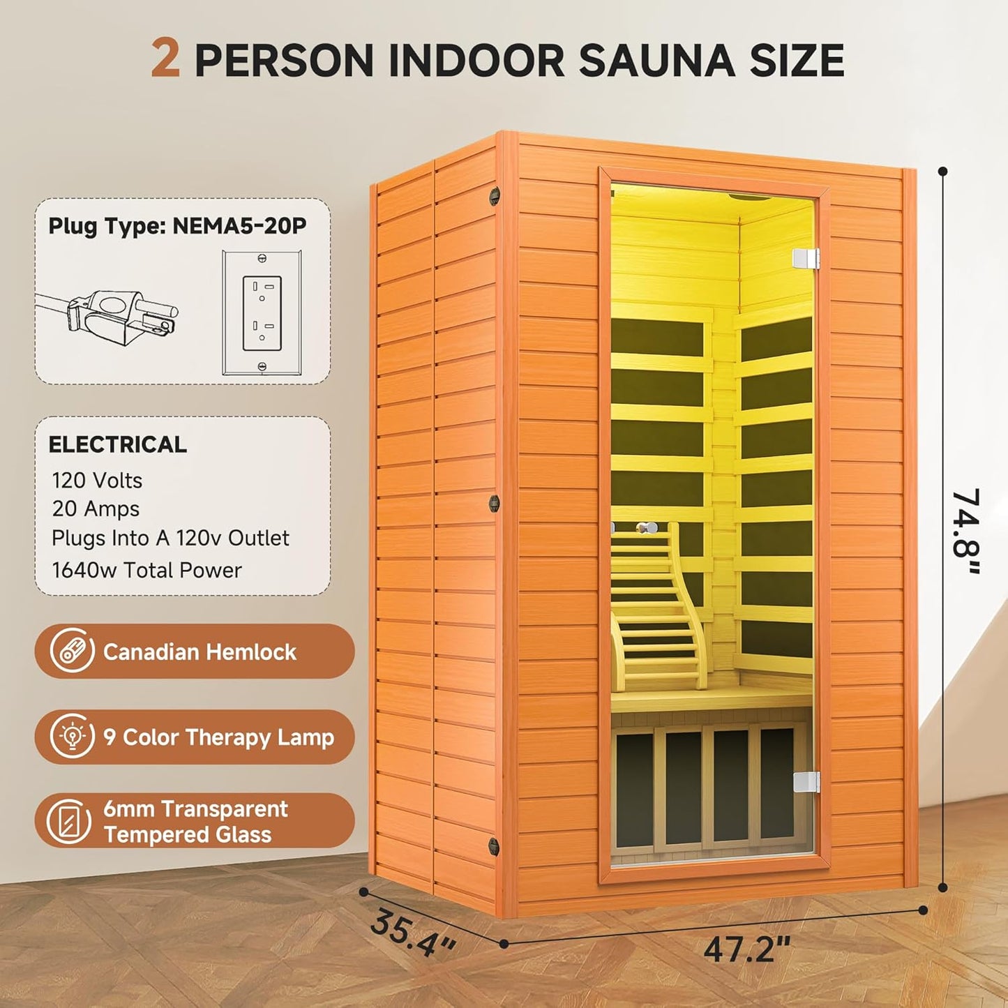 Far Infrared Sauna for Home, Home Indoor Infrared Sauna for 2-Person, Canadian Hemlock Wood Sauna Room with Low Emf Red Light Therapy, 9 Chromotherapy Lights, Bluetooth Speakers