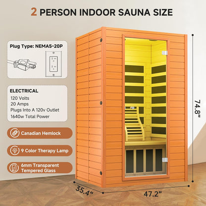 Far Infrared Sauna for Home, Home Indoor Infrared Sauna for 2-Person, Canadian Hemlock Wood Sauna Room with Low Emf Red Light Therapy, 9 Chromotherapy Lights, Bluetooth Speakers