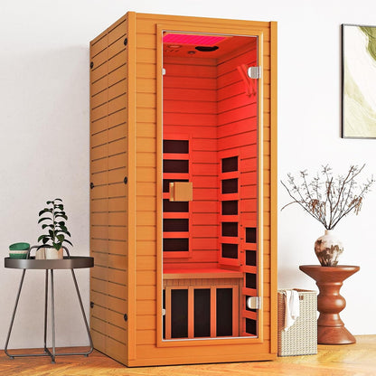 Infrared Sauna with 660 & 850Nm Red Light Therapy, Full Spectrum Sauna with 7 Heater, 1290W 120V, Fast Heat-Up, 1 Person Canadian Hemlock Wood Dry Sauna for Indoor, Home Gym, 31.5*30.3*67"