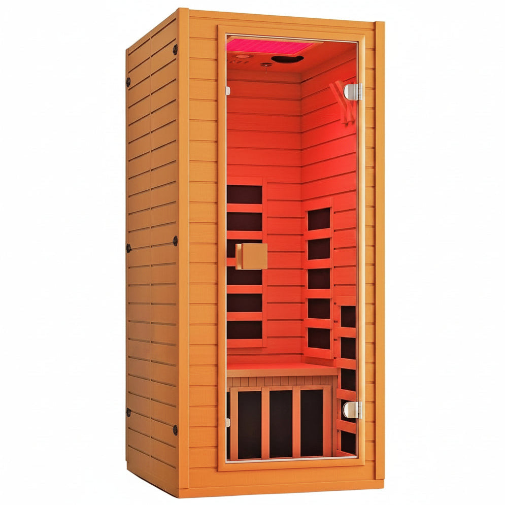 Infrared Sauna with 660 & 850Nm Red Light Therapy, Full Spectrum Sauna with 7 Heater, 1290W 120V, Fast Heat-Up, 1 Person Canadian Hemlock Wood Dry Sauna for Indoor, Home Gym, 31.5*30.3*67"
