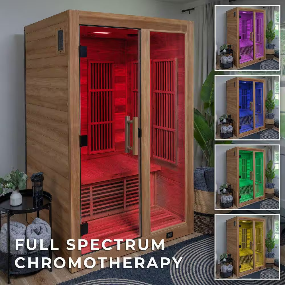 Rylan 2-Person Indoor Cedar Infrared Sauna with 8 Carbon Far-Infrared Heaters, Red Light Therapy and Chromotherapy