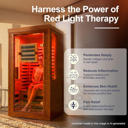 Full Spectrum Infrared Sauna with Fda-Certified 660Nm & 850Nm Red Light Therapy, Low EMF Carbon Fiber Heating Panels, Fast Heat-Up Canadian Hemlock 1-Person Indoor Sauna for Home, 1170W 110V