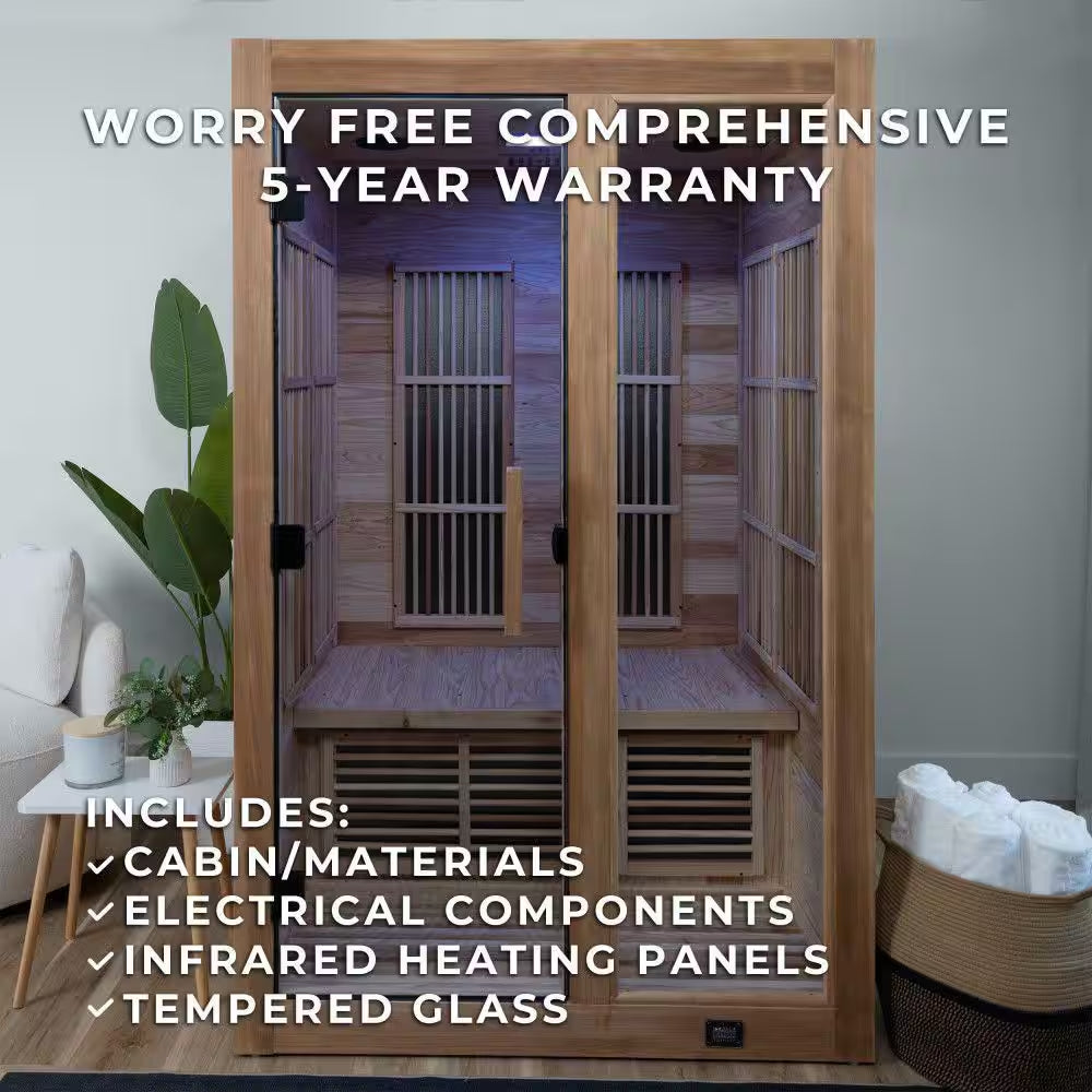 Rylan 2-Person Indoor Cedar Infrared Sauna with 8 Carbon Far-Infrared Heaters, Red Light Therapy and Chromotherapy