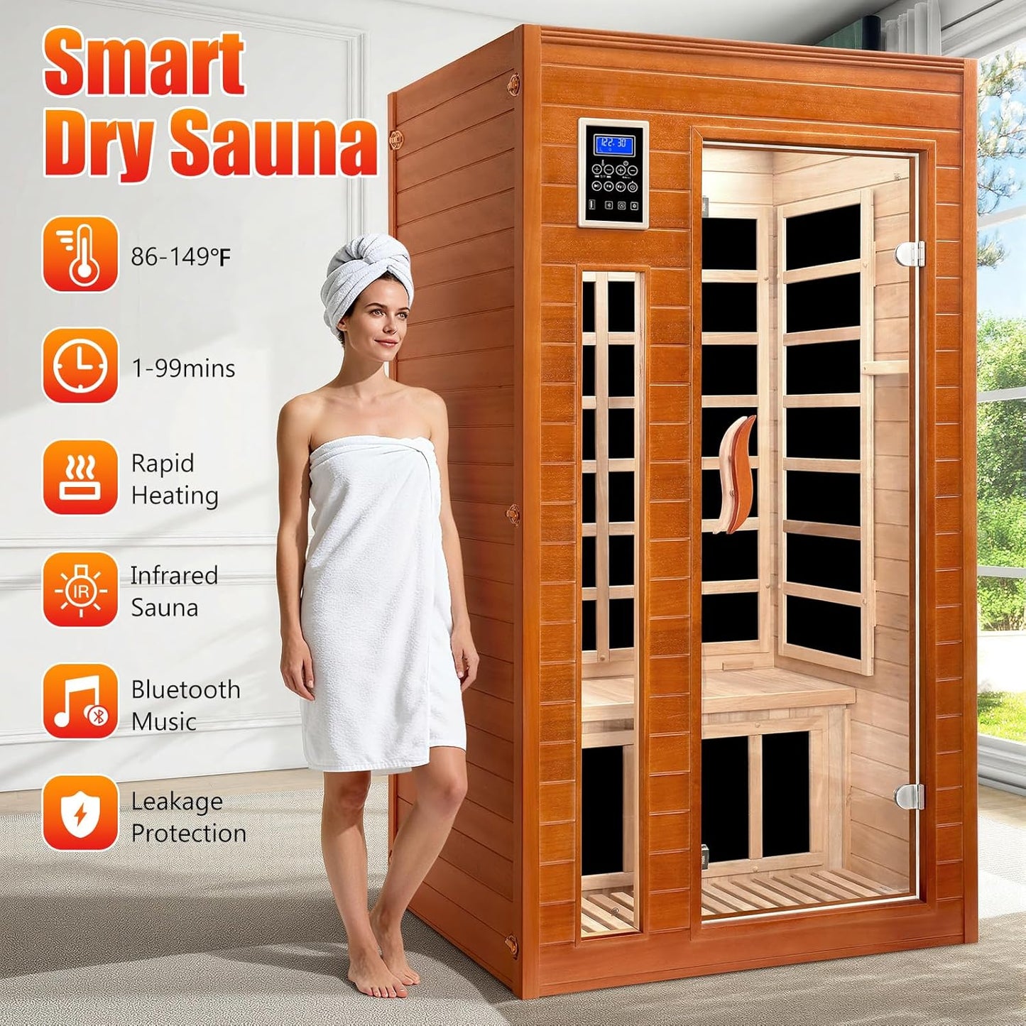 1-2 Person Infrared Sauna, Dry Heat Sauna with Red Light Therapy, Bluetooth, Radio, 7-Color Therapy Light for Home, Indoor, Gym, Wellness Center, 40″ X 36″ X 73″, Brown