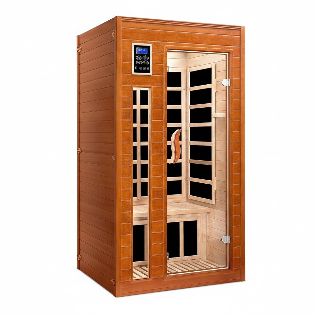 1-2 Person Infrared Sauna, Dry Heat Sauna with Red Light Therapy, Bluetooth, Radio, 7-Color Therapy Light for Home, Indoor, Gym, Wellness Center, 40″ X 36″ X 73″, Brown