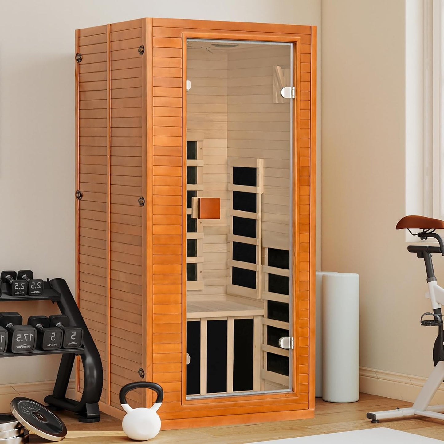 Infrared Sauna with 660 & 850Nm Red Light Therapy, Full Spectrum Sauna with 7 Heater, 1290W 120V, Fast Heat-Up, 1 Person Canadian Hemlock Wood Dry Sauna for Indoor, Home Gym, 31.5*30.3*67"