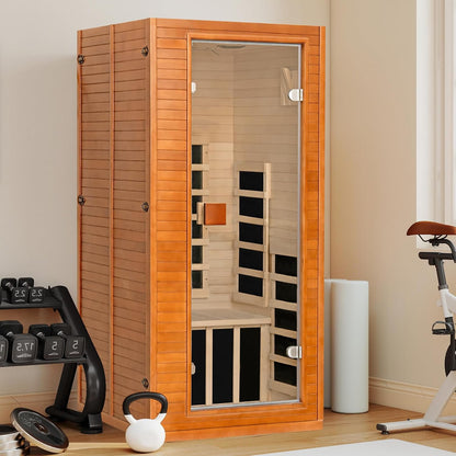 Infrared Sauna with 660 & 850Nm Red Light Therapy, Full Spectrum Sauna with 7 Heater, 1290W 120V, Fast Heat-Up, 1 Person Canadian Hemlock Wood Dry Sauna for Indoor, Home Gym, 31.5*30.3*67"