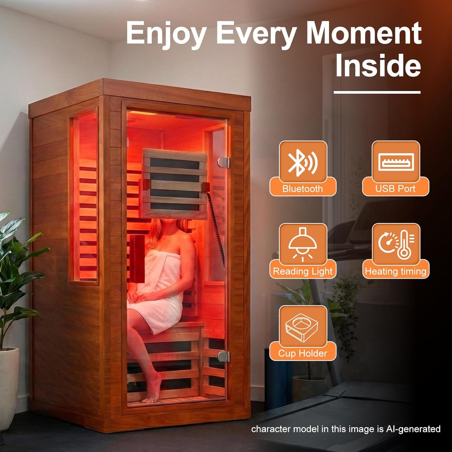 Full Spectrum Infrared Sauna with Fda-Certified 660Nm & 850Nm Red Light Therapy, Low EMF Carbon Fiber Heating Panels, Fast Heat-Up Canadian Hemlock 1-Person Indoor Sauna for Home, 1170W 110V