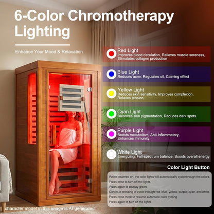 Full Spectrum Infrared Sauna with Fda-Certified 660Nm & 850Nm Red Light Therapy, Low EMF Carbon Fiber Heating Panels, Fast Heat-Up Canadian Hemlock 1-Person Indoor Sauna for Home, 1170W 110V