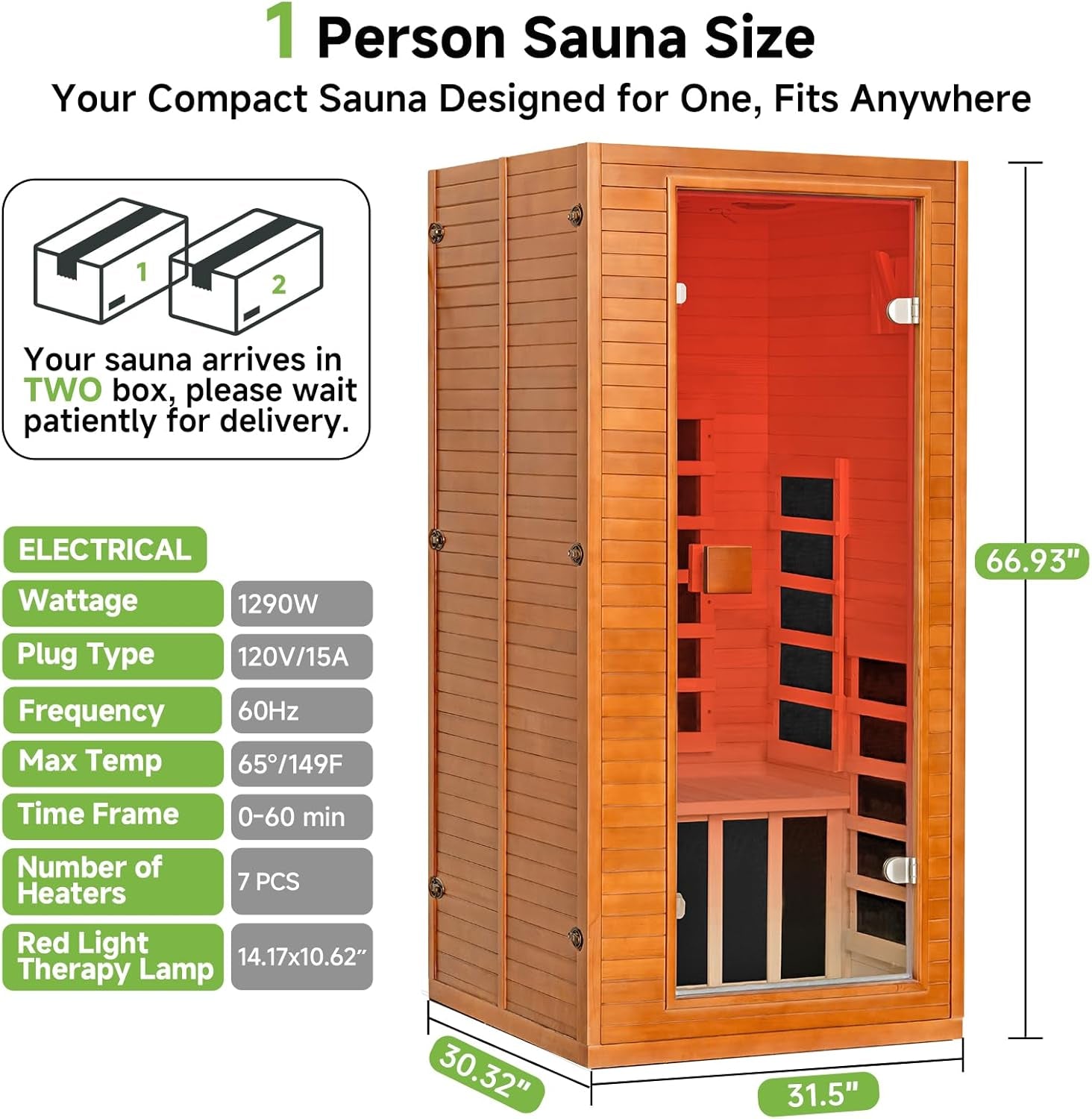 Infrared Sauna with 660 & 850Nm Red Light Therapy, Full Spectrum Sauna with 7 Heater, 1290W 120V, Fast Heat-Up, 1 Person Canadian Hemlock Wood Dry Sauna for Indoor, Home Gym, 31.5*30.3*67"