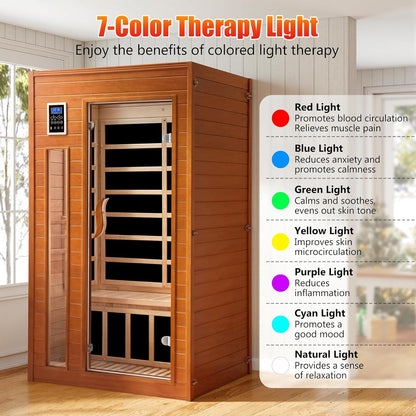 1-2 Person Infrared Sauna, Dry Heat Sauna with Red Light Therapy, Bluetooth, Radio, 7-Color Therapy Light for Home, Indoor, Gym, Wellness Center, 40″ X 36″ X 73″, Brown