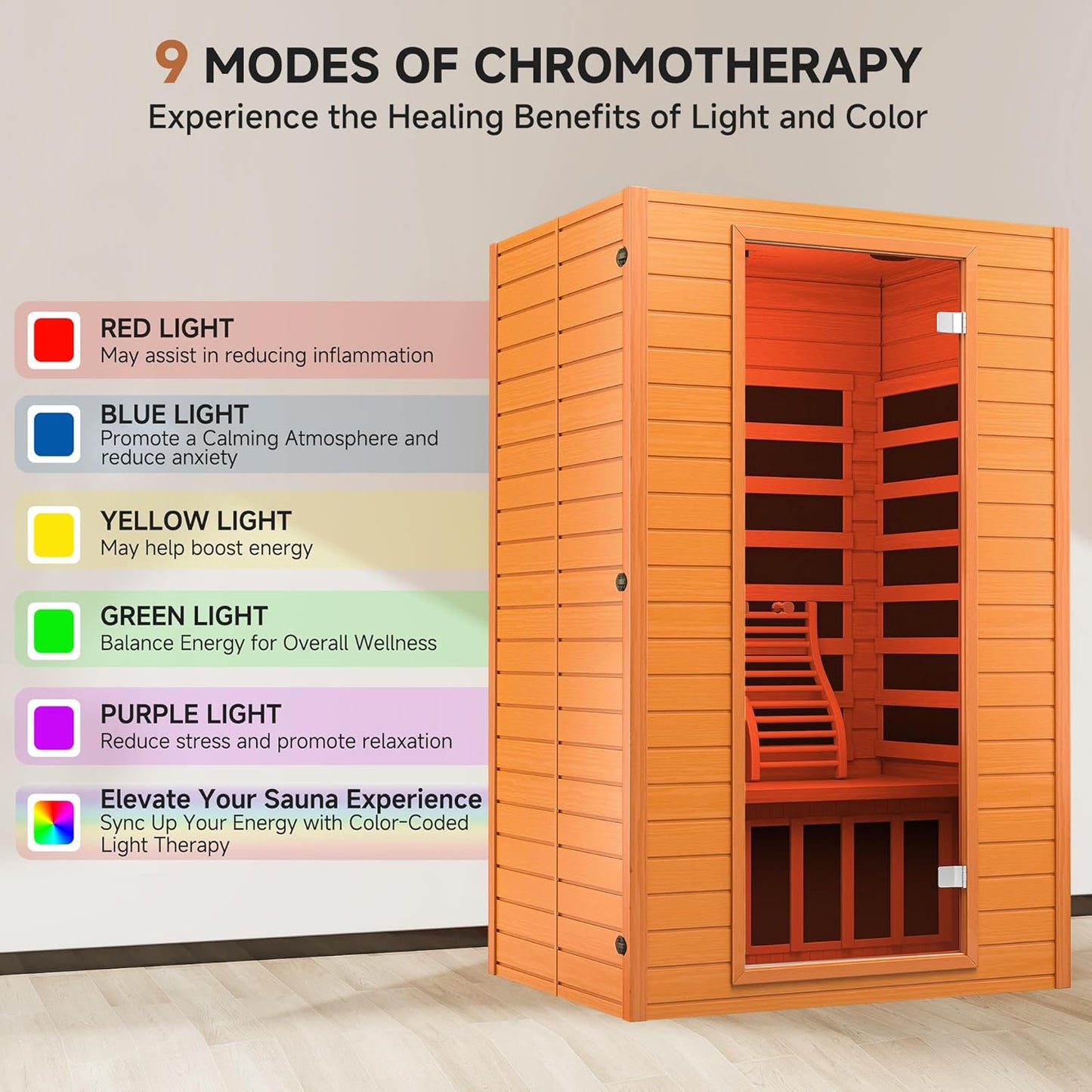 Far Infrared Sauna for Home, Home Indoor Infrared Sauna for 2-Person, Canadian Hemlock Wood Sauna Room with Low Emf Red Light Therapy, 9 Chromotherapy Lights, Bluetooth Speakers