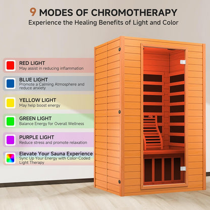Far Infrared Sauna for Home, Home Indoor Infrared Sauna for 2-Person, Canadian Hemlock Wood Sauna Room with Low Emf Red Light Therapy, 9 Chromotherapy Lights, Bluetooth Speakers