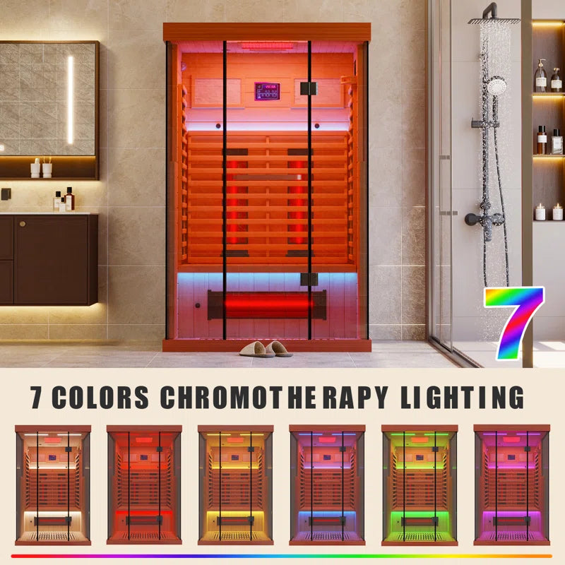 Full Spectrum Infrared Sauna，1-2 Person Home Sauna，Wooden Canadian Hemlock Indoor Spa Sauna with Resonance Speaker, Panoramic Tempered Glass Door