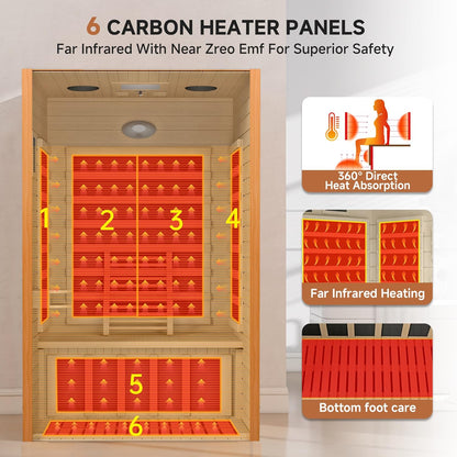 Far Infrared Sauna for Home, Home Indoor Infrared Sauna for 2-Person, Canadian Hemlock Wood Sauna Room with Low Emf Red Light Therapy, 9 Chromotherapy Lights, Bluetooth Speakers