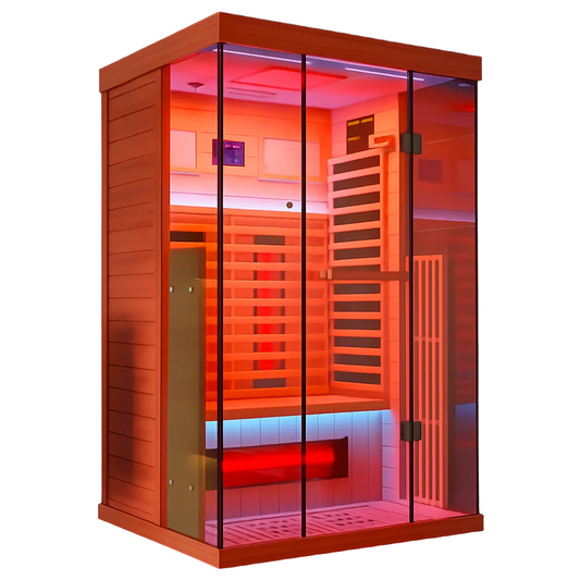 Full Spectrum Infrared Sauna，1-2 Person Home Sauna，Wooden Canadian Hemlock Indoor Spa Sauna with Resonance Speaker, Panoramic Tempered Glass Door
